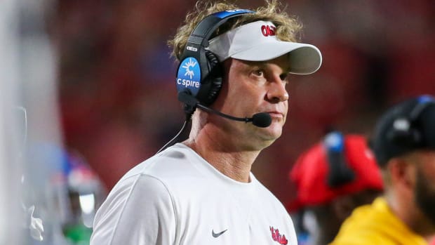 Ole Miss coach Lane Kiffin on sidelines against LSU last Saturday night